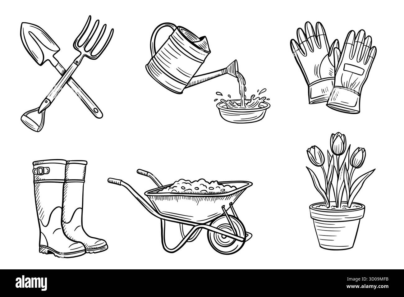 Outils et accessoires de jardinage, y compris une pelle, une fourchette, un arrosoir, des gants, des bottes en caoutchouc, brouette et tulipes en pot. Illustration de Vecteur