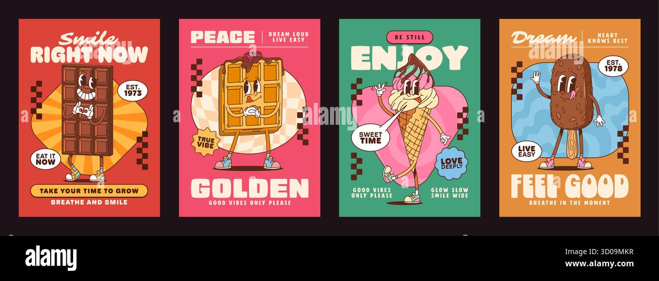 Affiches de personnages groovy sucrés et desserts avec des desserts rétro comme la barre de chocolat, la gaufre, le cône de crème glacée, popsicle jumelé avec des phrases de motivation et des affirmations positives favorisant la joie et le selflove Illustration de Vecteur