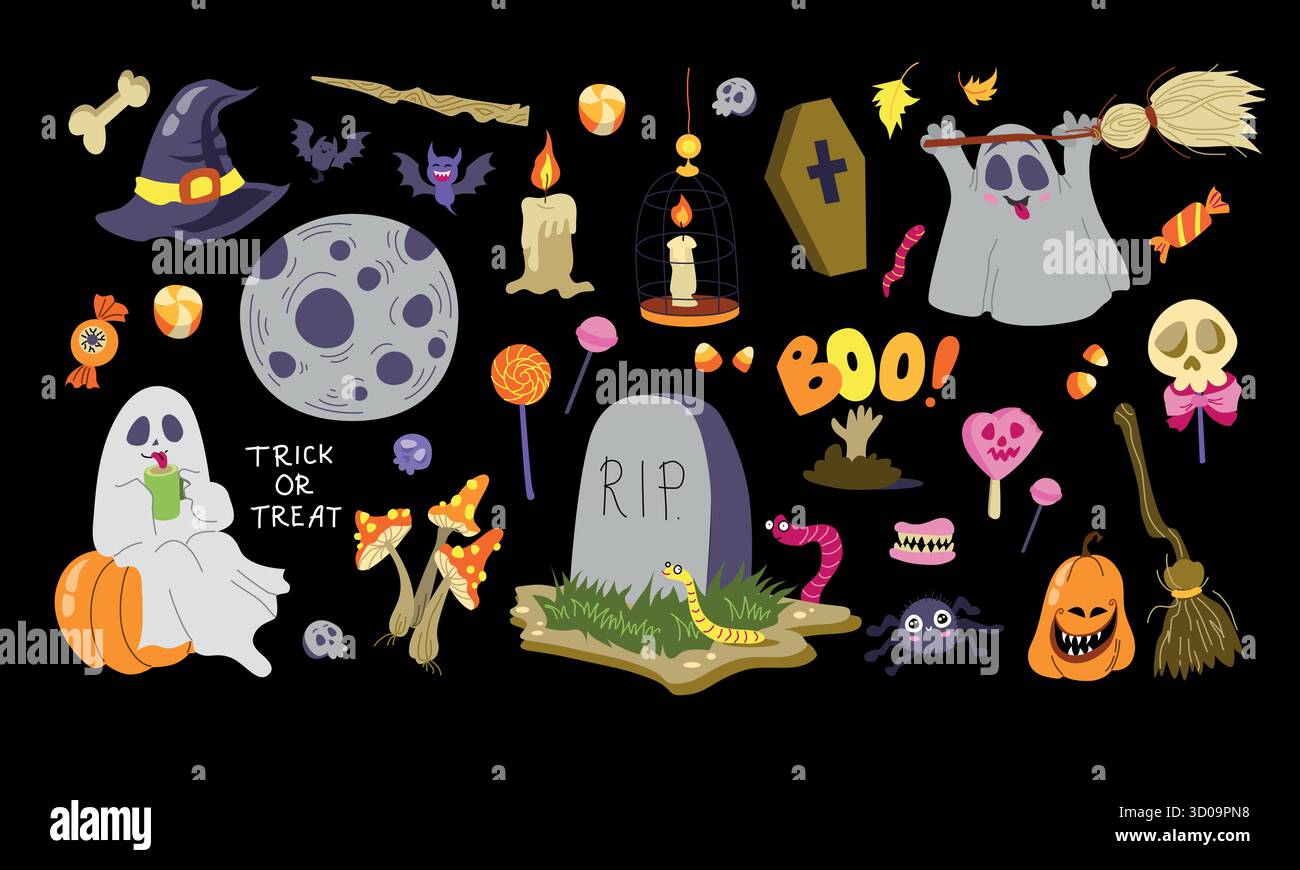 Halloween autocollants ensemble de mascottes fantômes, citrouilles, pierre tombale, potion, pleine lune, bonbons, yeux, chauve-souris. Illustration vectorielle dans le style plat sur un BA noir Illustration de Vecteur