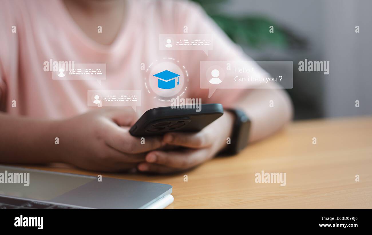 Étudiant utilisant le chatbot IA pour l'apprentissage en ligne sur smartphone. Concept d'assistant virtuel, de technologie éducative et de communication numérique dans le moderne Banque D'Images