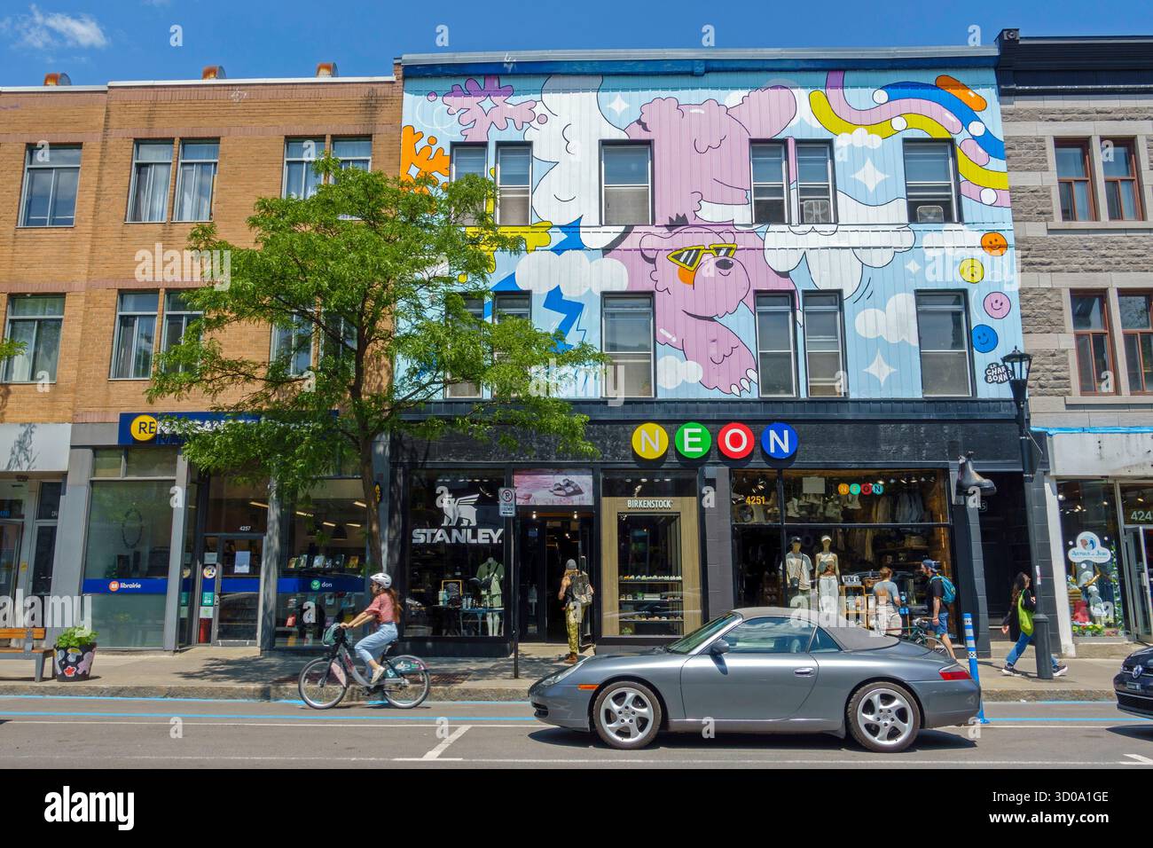 Canada, province de Québec, Montréal, quartier plateau Mont-Royal, rue Saint-Denis, boutique, murale de l'artiste LaCharbonne, Camille Charbonneau et piste cyclable Banque D'Images