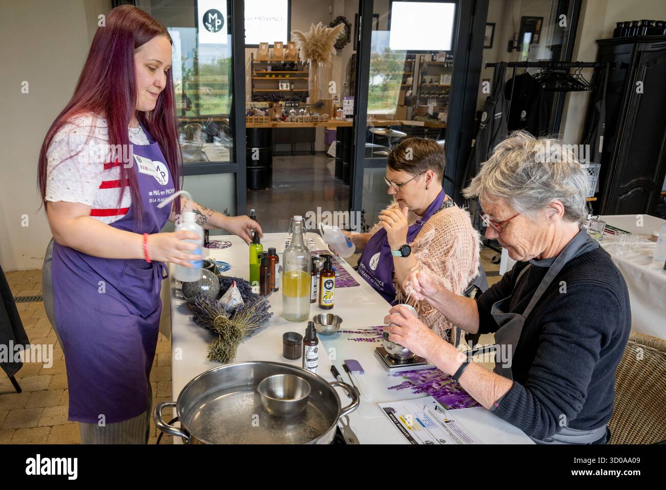 France, Gard, Bellegarde, ferme de plantes aromatiques A Mas en Provence, fabrication de cosmétiques aux huiles essentielles de lavande bio Banque D'Images