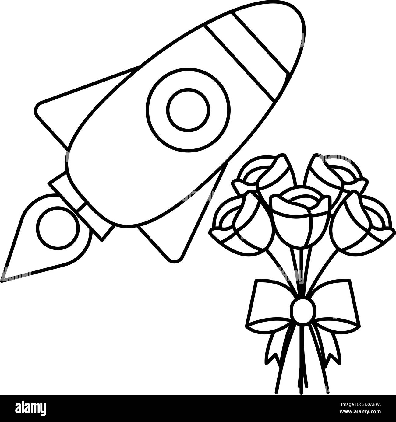 Une fusée vole dans le ciel avec un bouquet de roses en dessous. La fusée est blanche et les roses rouges. Concept d'aventure et d'excitation, comme wel Illustration de Vecteur