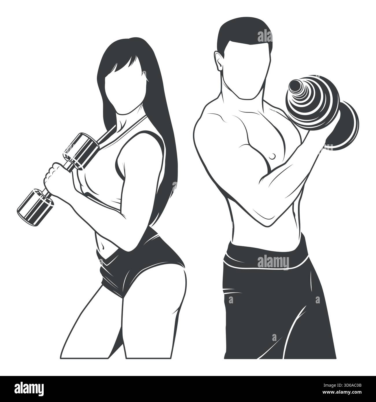 Illustration vectorielle d'entraînement en haltère. Fit homme et femme entraînement, pose d'exercice Dumbbell, logo Dumbbell Gym, Fitness, Bodybuilding, entraîneur personnel Illustration de Vecteur