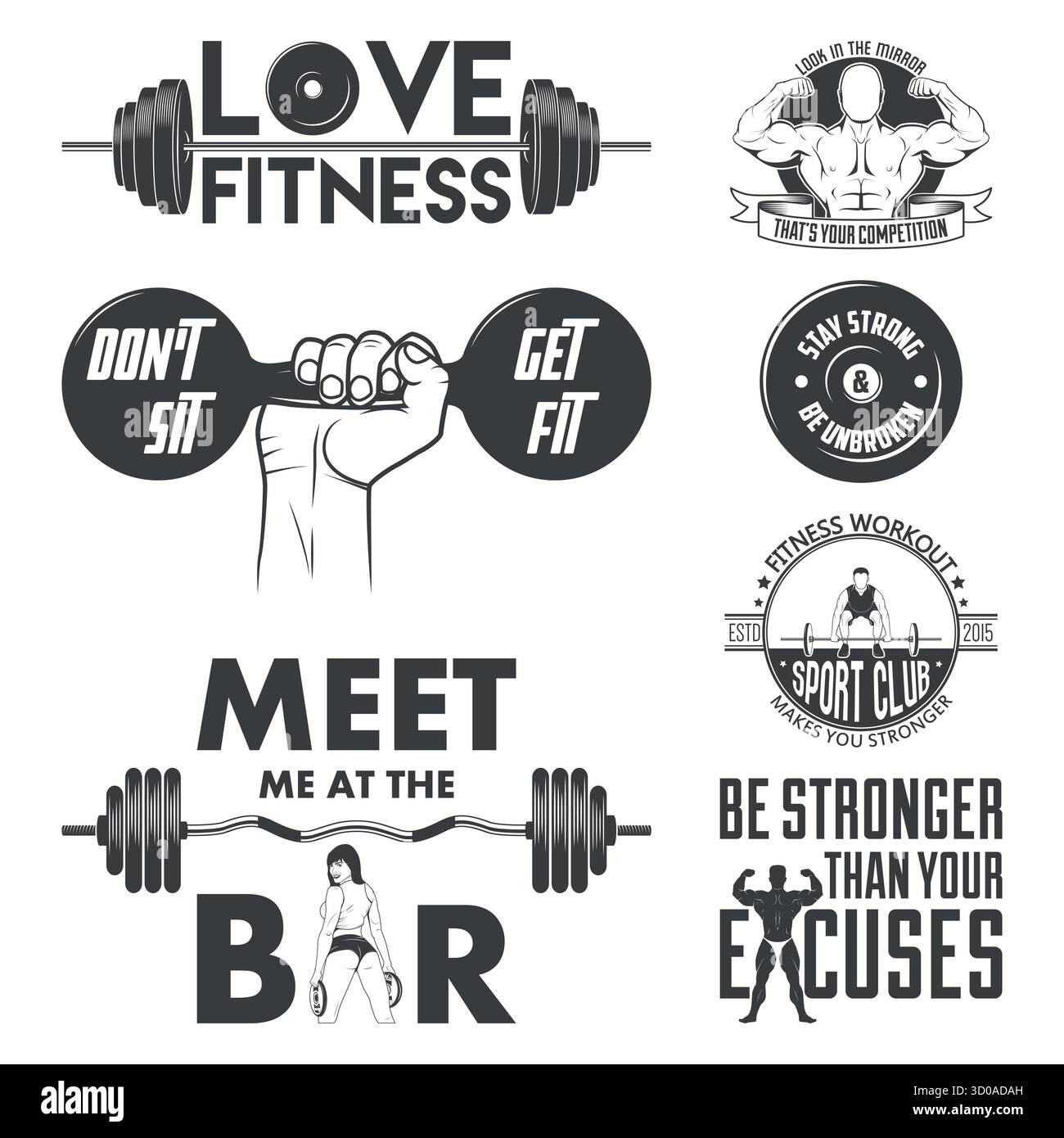 Jeu de badges de typographie de fitness, illustration vectorielle. Citations de gym et emblèmes Barbell, slogans Fitness avec haltère tenant la main, timbres rétro, Fitness Illustration de Vecteur