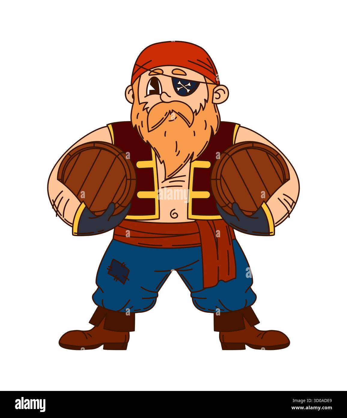 Rétro dessin animé groovy pirate européen et personnage corsaire avec bandana et un cache-oeil, portant des tonneaux en bois. Le personnage isolé de marin barbu vectoriel dégage une ambiance aventurière y2k Illustration de Vecteur