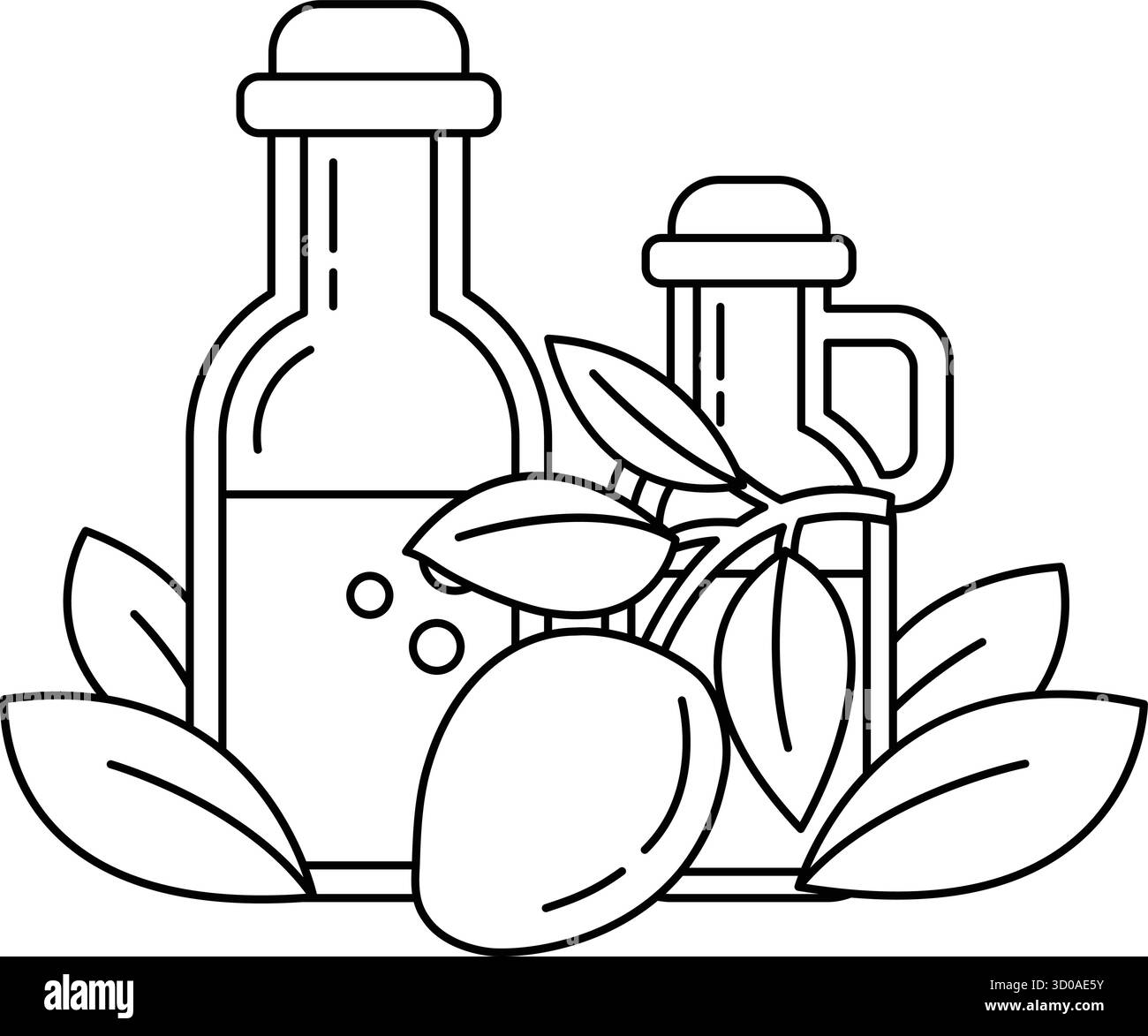 Deux bouteilles d'huile d'olive sont entourées de feuilles. Les bouteilles sont placées sur un fond vert feuillu Illustration de Vecteur
