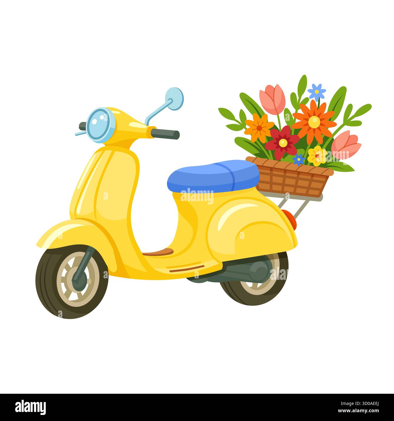 Scooter rétro jaune vif avec siège bleu et panier de fleurs sur le dos, illustration vectorielle isolée Illustration de Vecteur