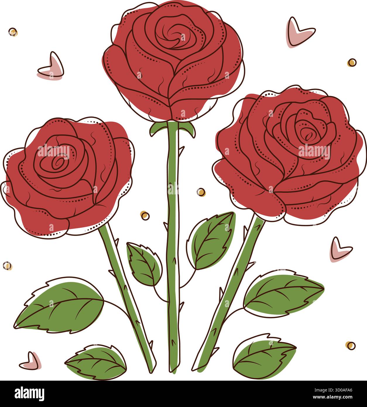 Trois roses rouges avec contour noir, bouquet vecteur dans le style boho minimal, fleurs avec des coeurs et des points Illustration de Vecteur