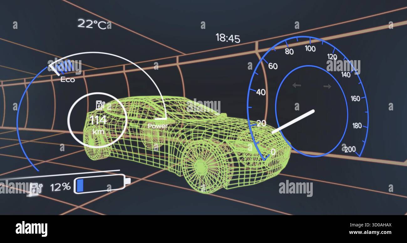 Affichage tableau de bord montrant le modèle de voiture filaire vert dans le tunnel avec compteur de vitesse et une portée de 114 km. Futuriste, technologie, innovation, visualiza de données Banque D'Images