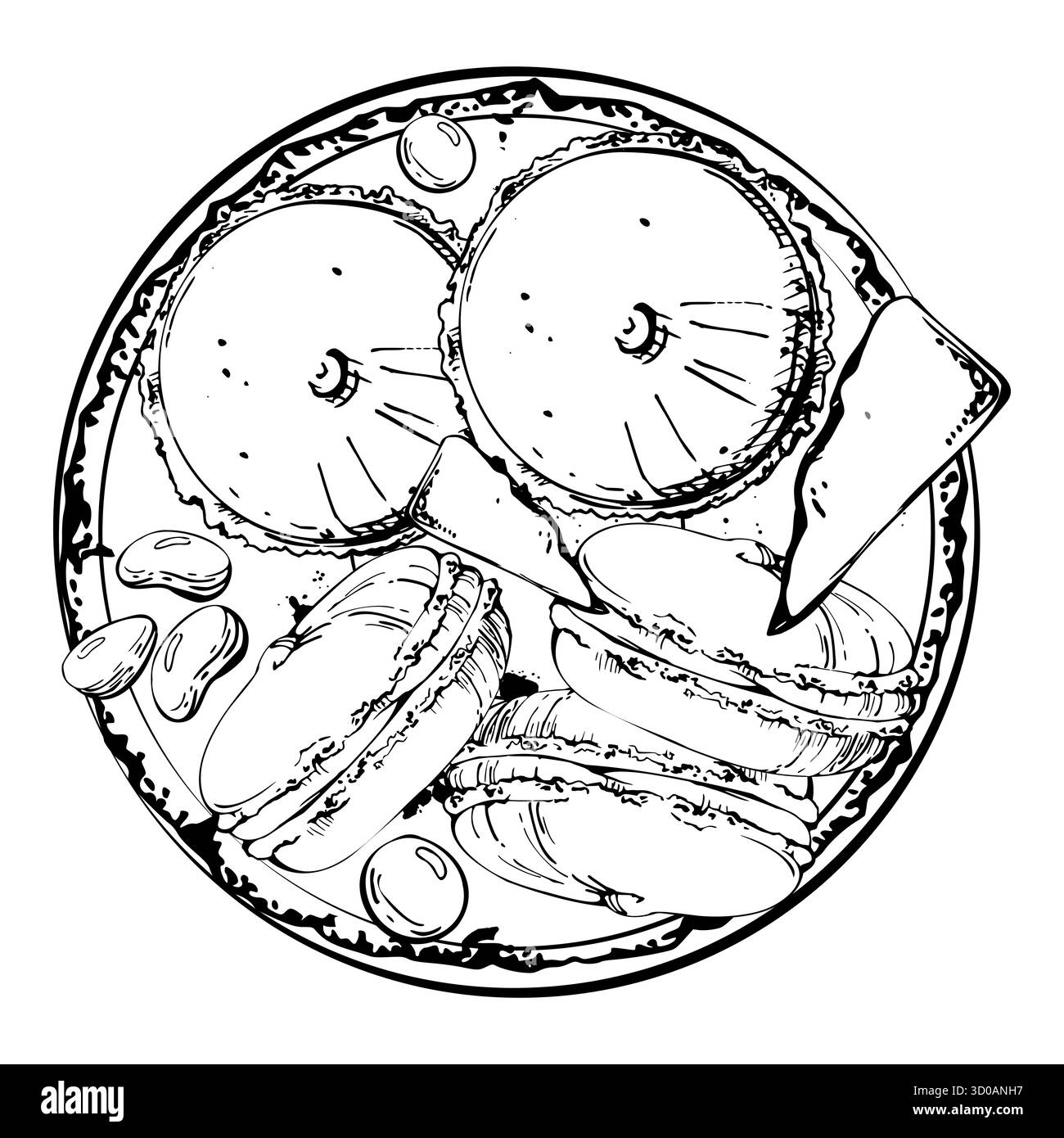 Crumbles de chocolat, dragées de bonbons, macarons et brioches sandwich sur plaque d'argile dans l'encre vectorielle. Oeuvre d'art isolée dessinée à la main. menus d'événements, visuels de recettes Illustration de Vecteur