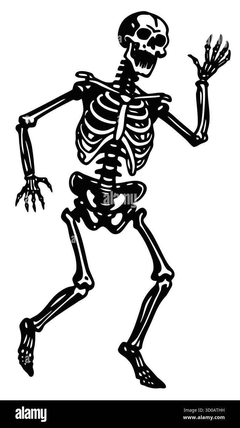 Silhouette de squelette dansant dans le style vintage d'Halloween, personnages d'os festifs effrayants dansant. Illustration vectorielle Illustration de Vecteur
