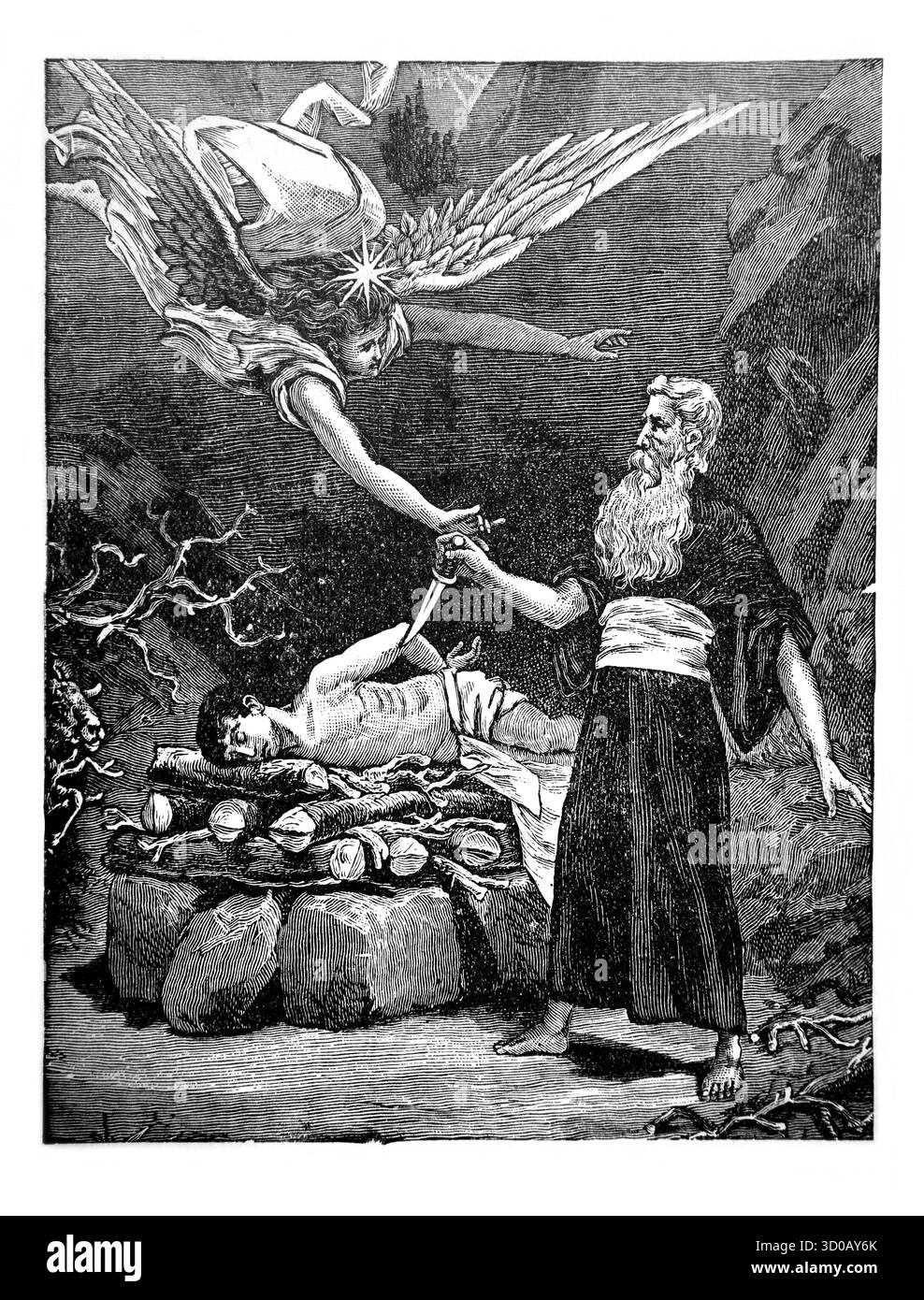 Illustration d'Abraham offrant Isaac et l'Ange du Seigneur l'arrêtant et Abraham a tendu quatrième sa main et a pris le couteau pour tuer salut Banque D'Images