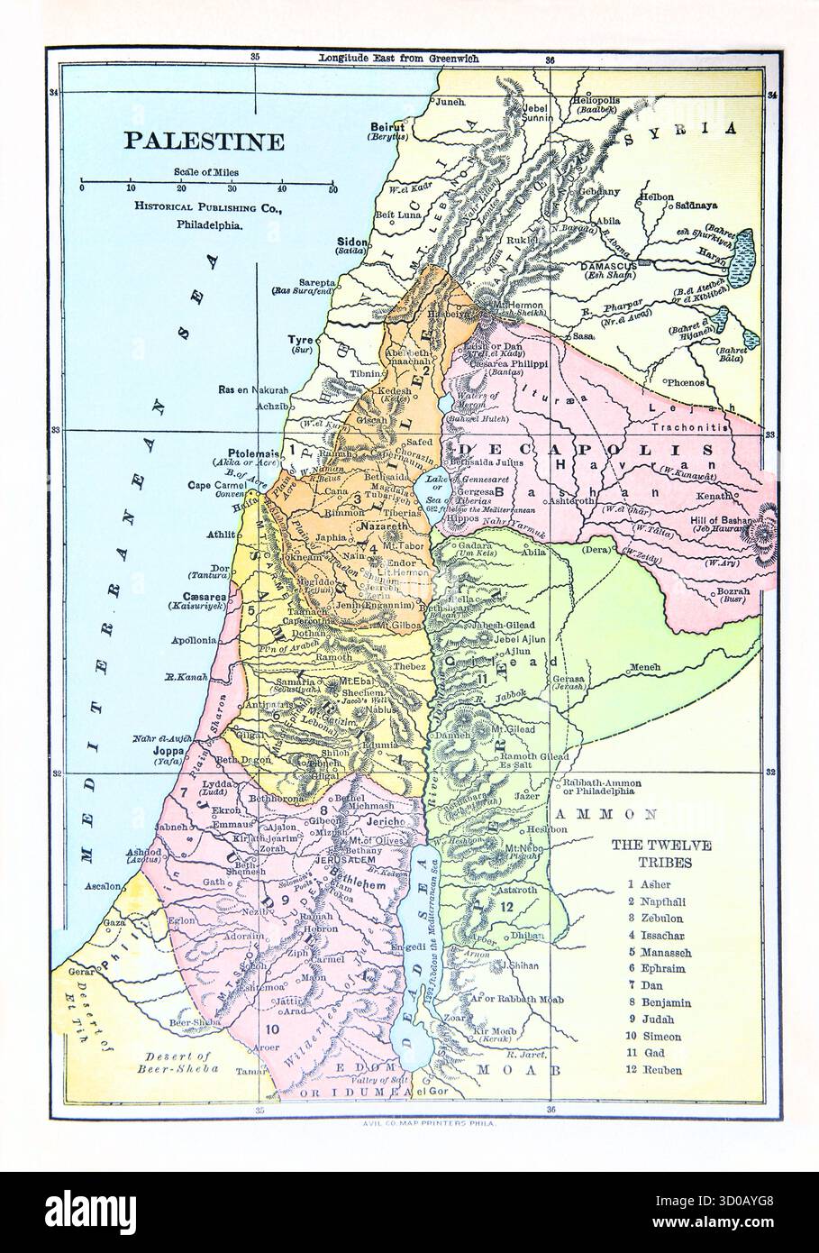 Carte de Palestine montrant les douze tribus d'Israël de l'édition 1890 de la belle histoire Golden Gems of Religious Thought par J.W.Buel Banque D'Images