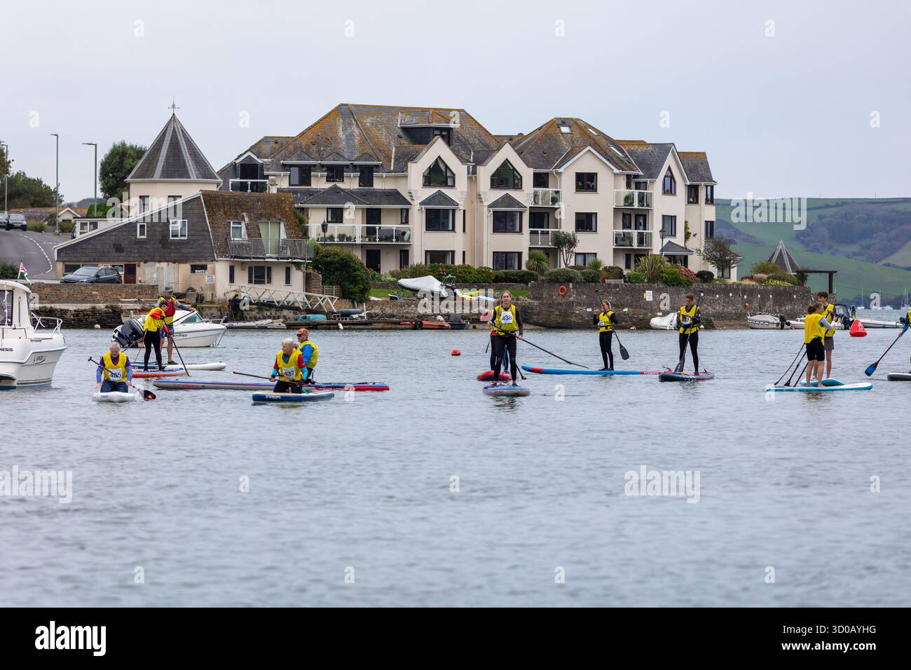 Les concurrents participent à la course de distance SUP The Creek le samedi 18 octobre 2025. L'endurance SUP Race sur l'estuaire de Kingsbridge Banque D'Images