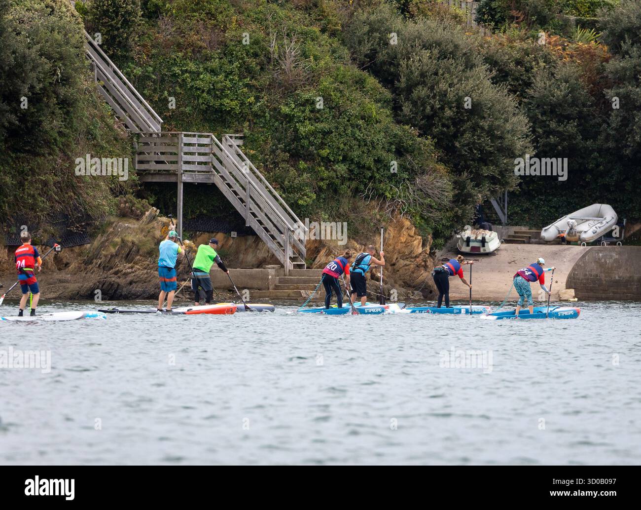 Les concurrents participent à la course de distance SUP The Creek le samedi 18 octobre 2025. L'endurance SUP Race sur l'estuaire de Kingsbridge Banque D'Images