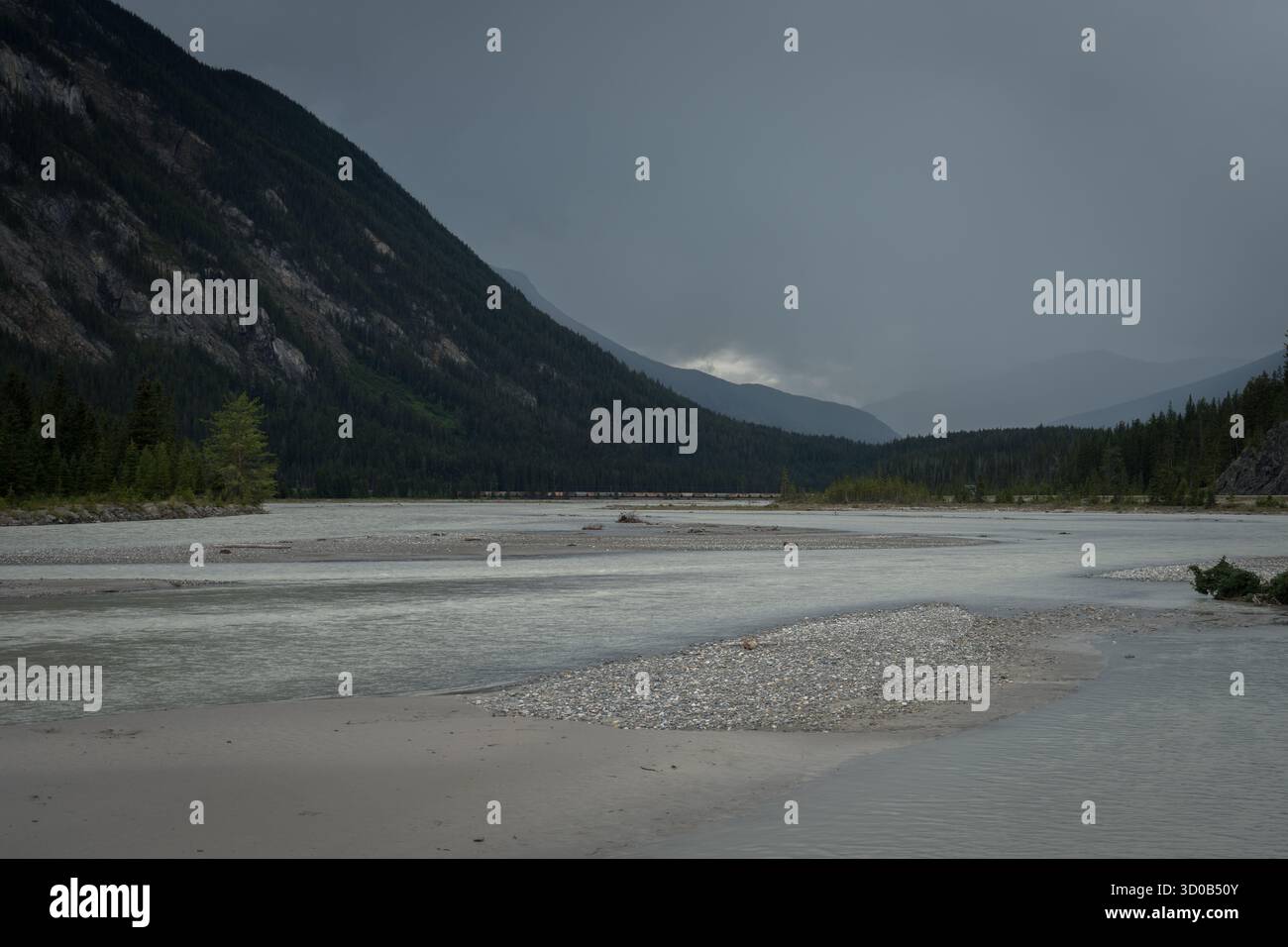 Une rivière tranquille coule à travers une vallée de montagne sous un ciel nuageux. Field, BC Banque D'Images
