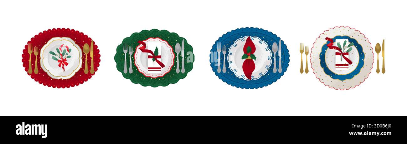Un ensemble d'assiettes de Noël, servies avec des décorations festives. Illustration vectorielle mignonne dans un style texturé à la mode Illustration de Vecteur