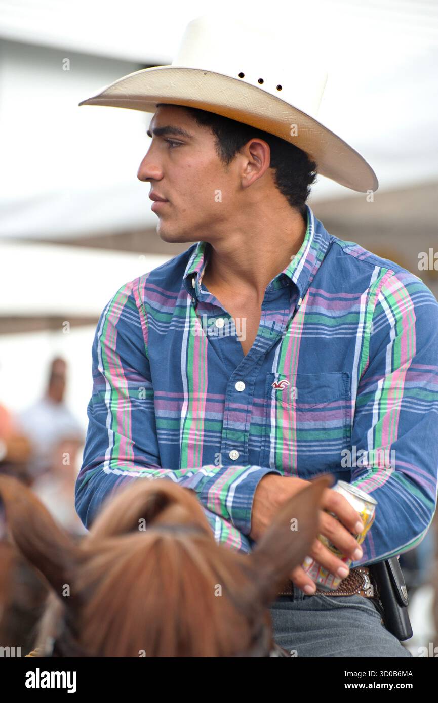 Profil d'un cow-boy portant un chapeau de cow-boy et assis sur un cheval pendant le Gran Tope Festival à San Jose, Costa Rica Banque D'Images