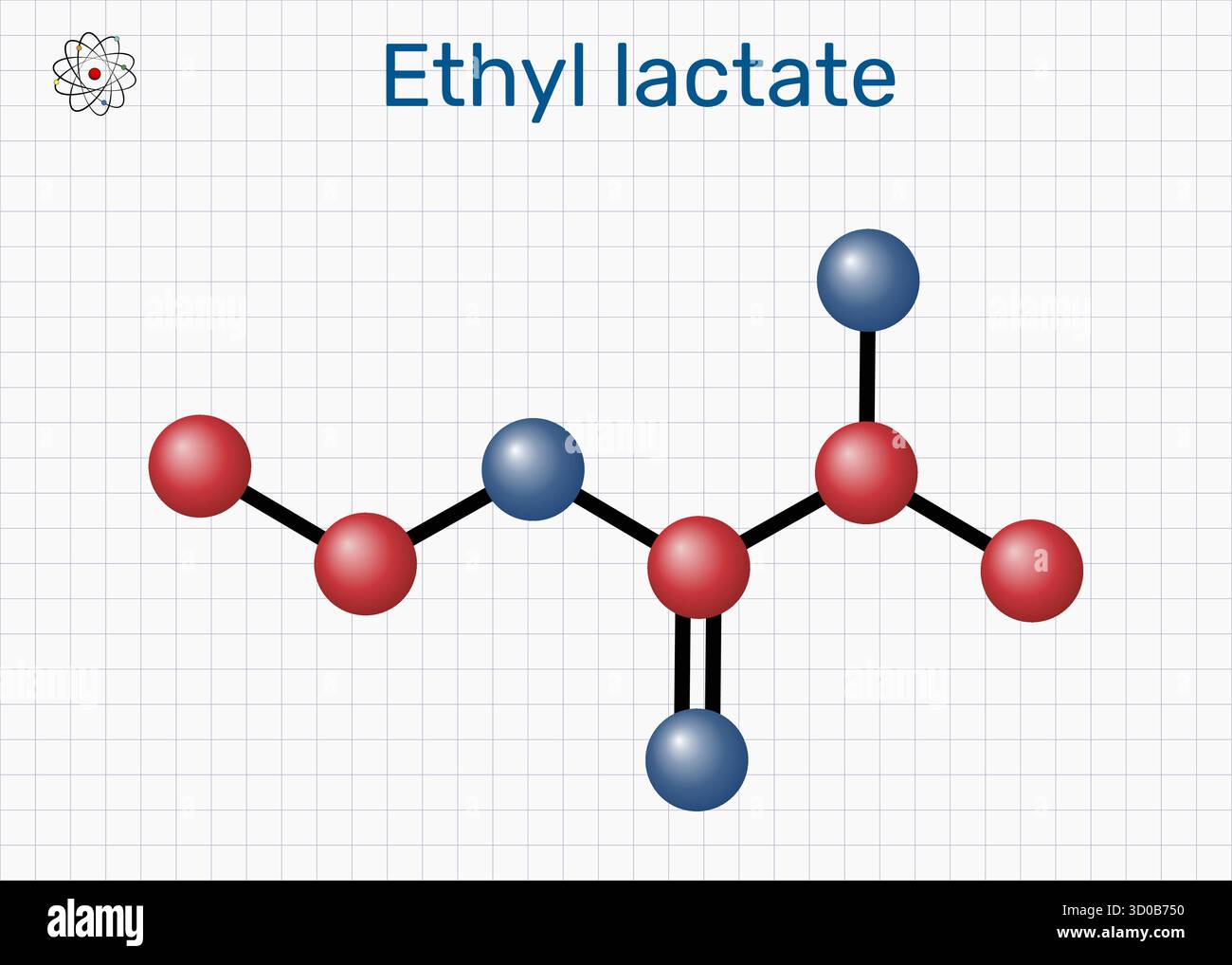 Molécule de lactate d'éthyle. Solvant biodégradable vert, arôme alimentaire et applications d'extraction. Feuille de papier dans une cage. Modèle moléculaire. Vecteur illust Illustration de Vecteur