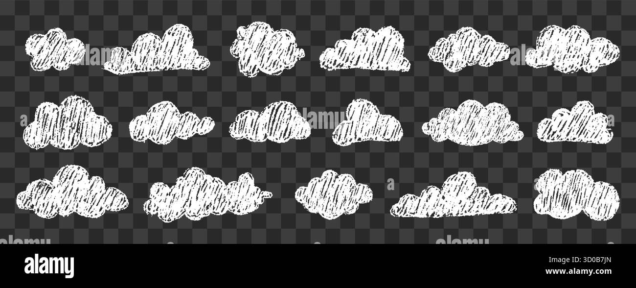 Faisceau de nuages blancs. Éléments naïfs dessinés au crayon avec texture crayon. Ensemble de doodle enfantin pour scrapbooking ou affiches. Illustration vectorielle isolée sur Illustration de Vecteur