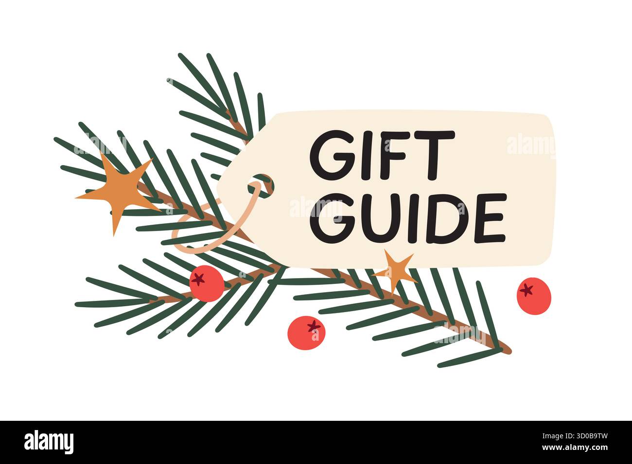 étiquette de prix décorée avec branche de sapin, baies et étoiles avec guide cadeau texte-illustration vectorielle Illustration de Vecteur