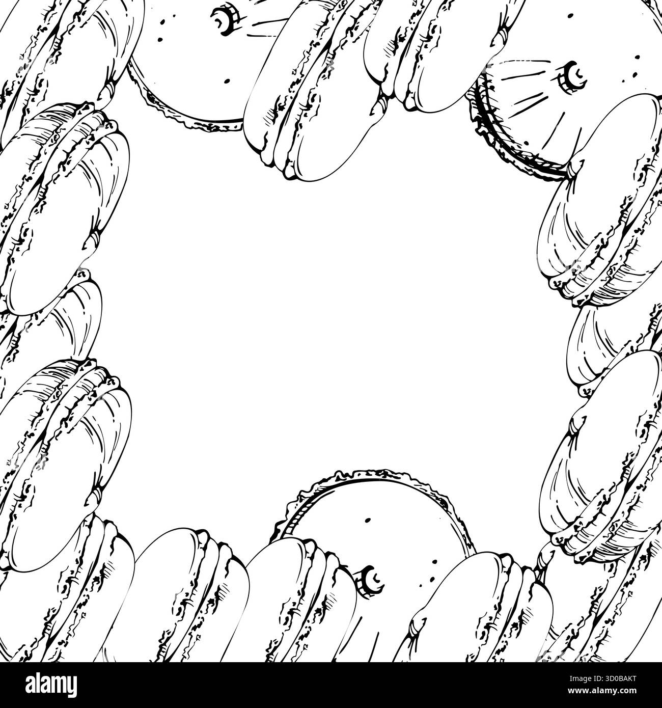 Tartes blanches fourrées à la crème dans une rangée soignée, macarons français et petits pains aux beignets gonflés. Illustration isolée dessinée à la main dans l'encre vectorielle. Bordures de l'étiquette du dessert Illustration de Vecteur