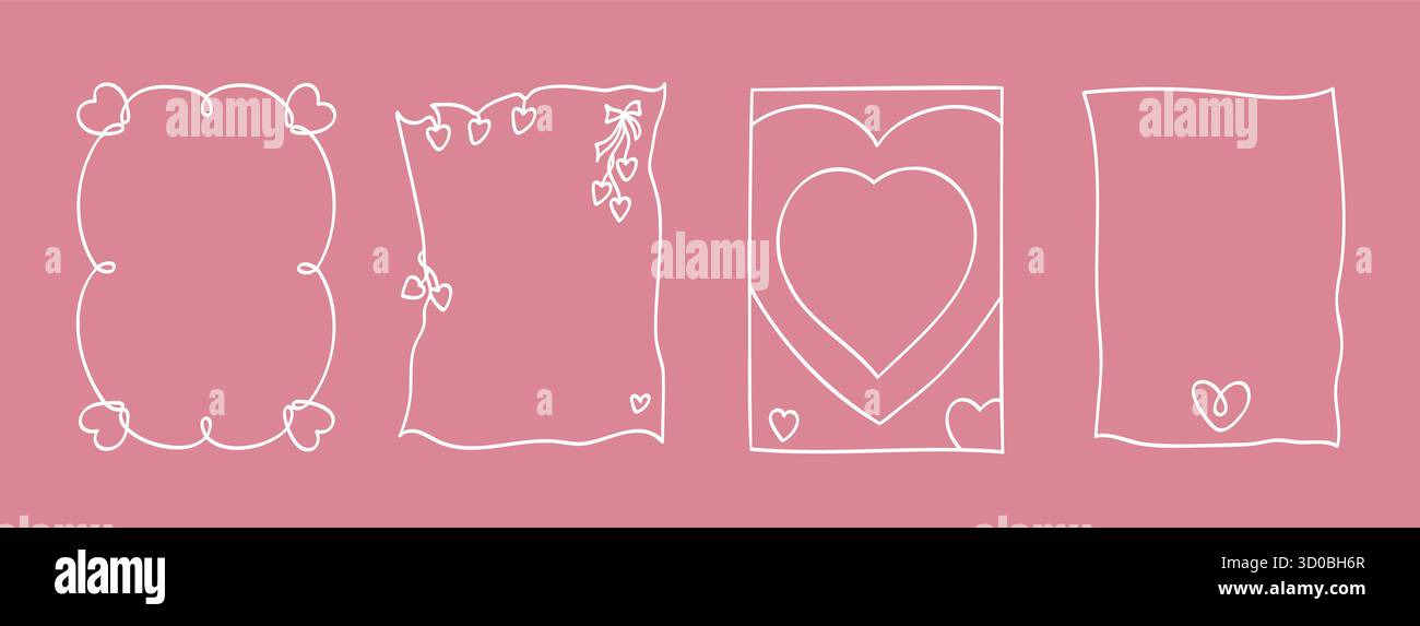 Bordures fantaisistes sur le thème Pink Love. Cadres de coeur dessinés à la main romantiques. Illustration de Vecteur