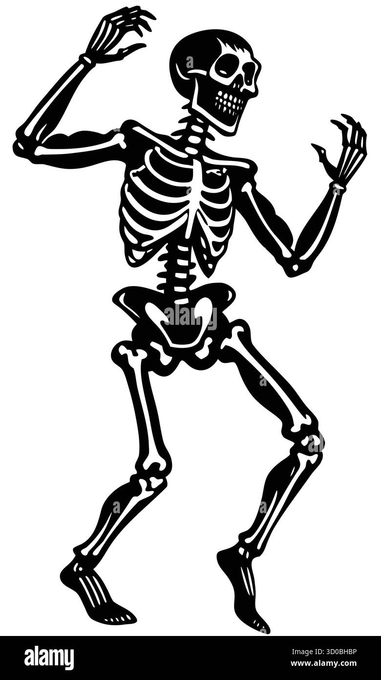 Silhouette de squelette dansant dans le style vintage d'Halloween, personnages d'os festifs effrayants dansant. Illustration vectorielle Illustration de Vecteur