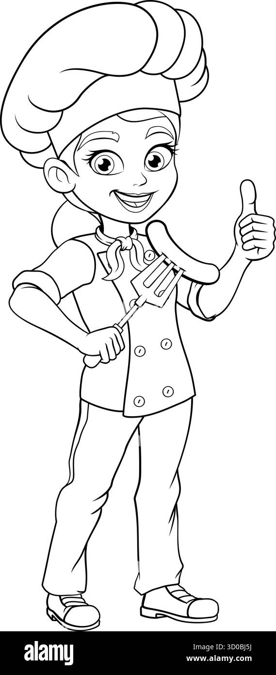 Chef femme avec saucisse sur la fourchette et Thumbs Up Illustration de Vecteur