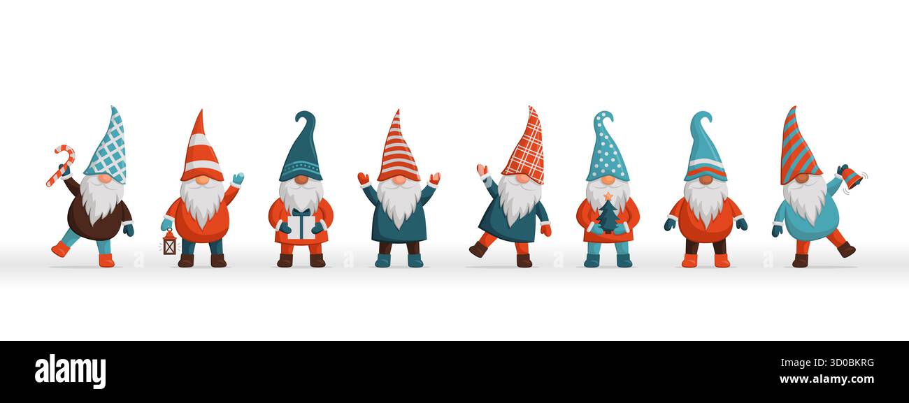 Ensemble de gnomes de Noël mignons debout dans la ligne et tenant différents objets Illustration de Vecteur