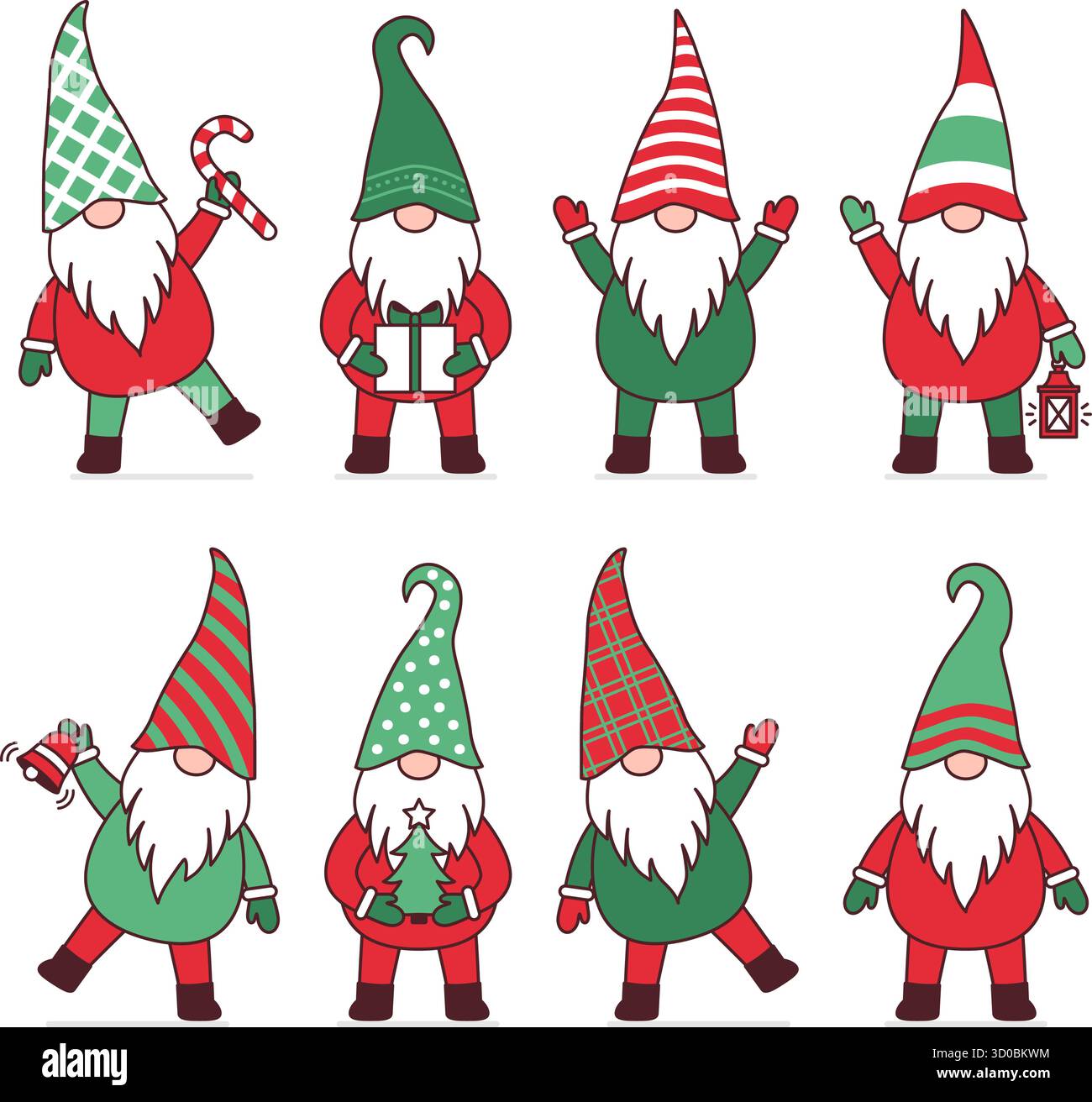 Ensemble de gnomes de Noël mignons dans différentes positions et tenant différents objets, isolés Illustration de Vecteur