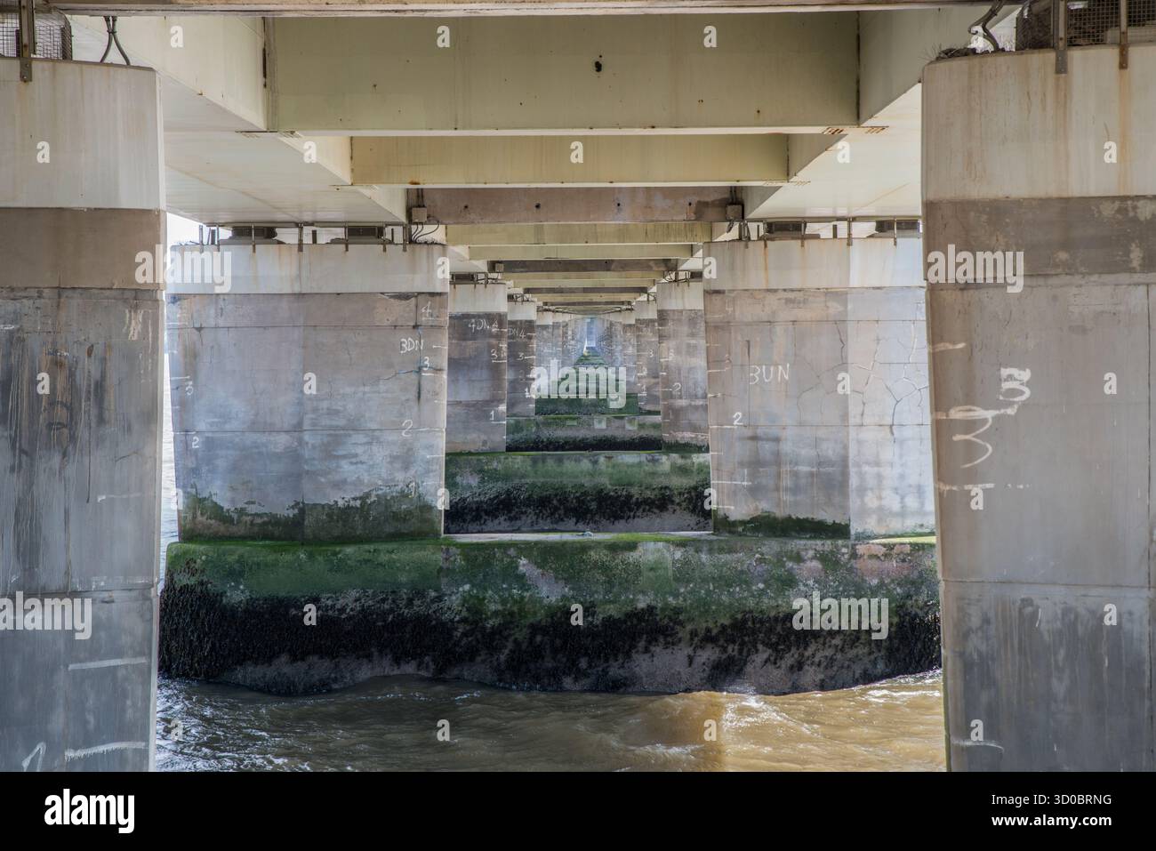 Une vue des supports en béton sous le pont routier Tay, Dundee, Écosse Banque D'Images