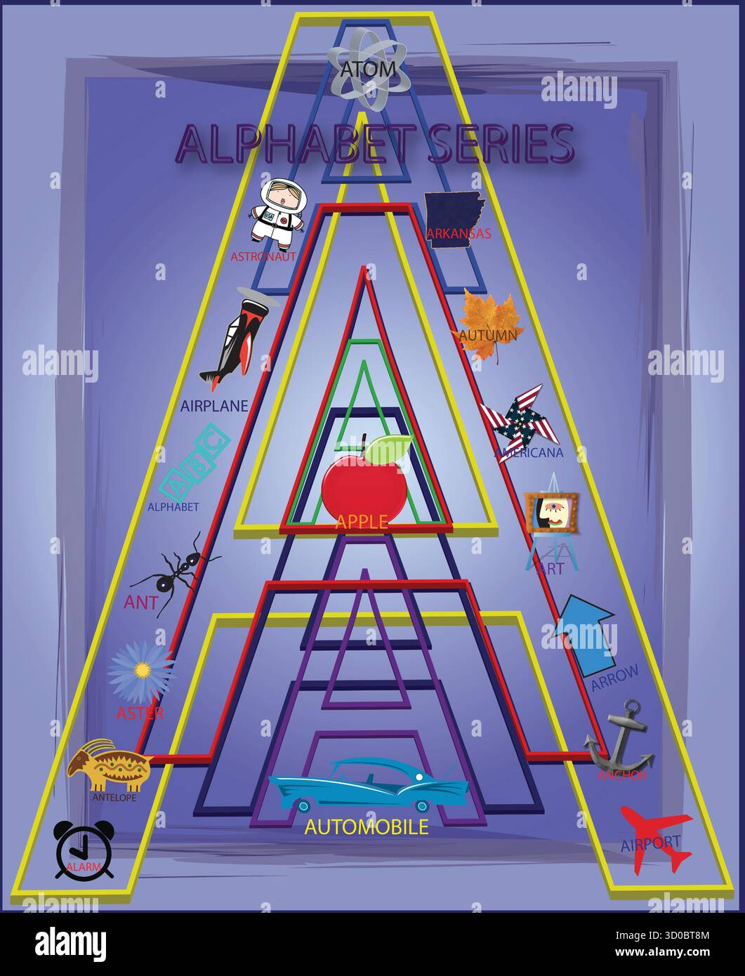 Le premier de la 'Alphabet Series' commençant, bien sûr, par 'A'. La lettre 'A' est le début de nombreux mots anglais, comme Apple, Airplane, & Astronaut Illustration de Vecteur