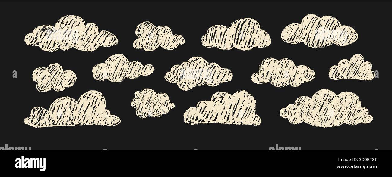 Nuages blancs enfantins. Ciel texturé dessiné à la main rugueux pour le matériel éducatif ou le décor de chambre d'enfants. Ensemble d'illustration vectorielle Illustration de Vecteur