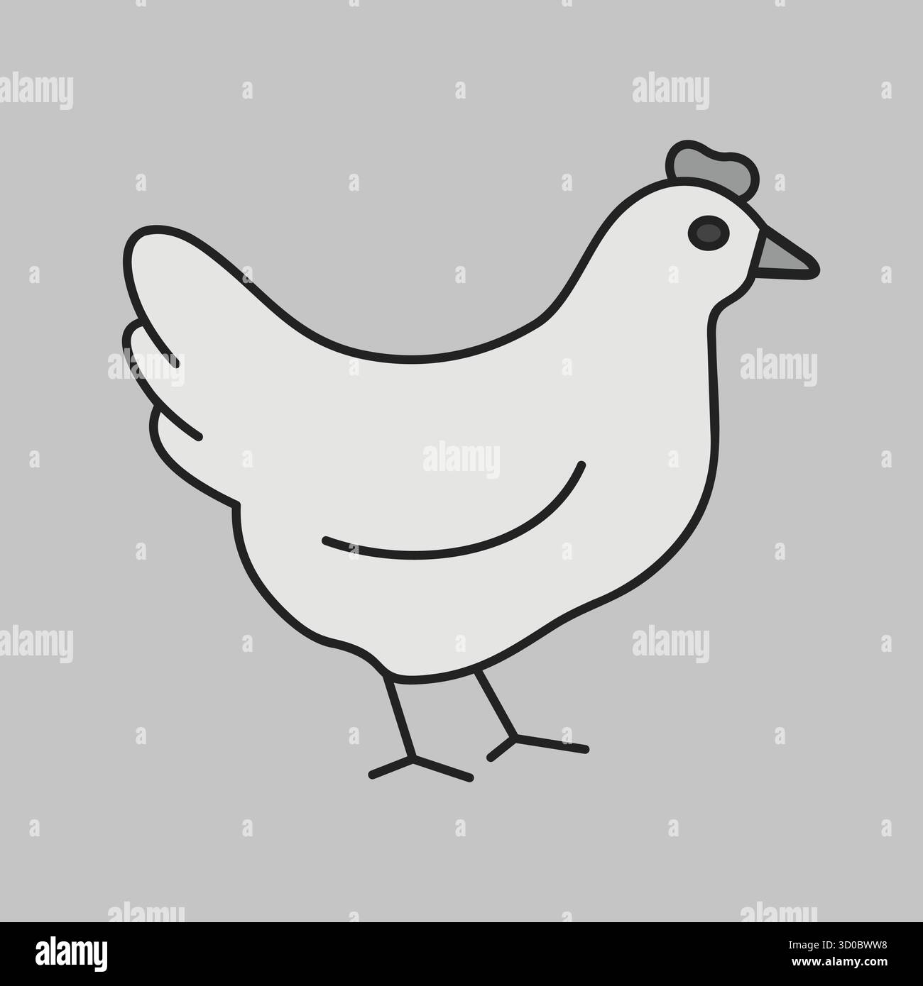Icône minimaliste en niveaux de gris du corps entier d'une poule blanche ou d'un poulet. Idéal pour la ferme, la volaille, la nourriture et les conceptions agricoles. Illustration de Vecteur
