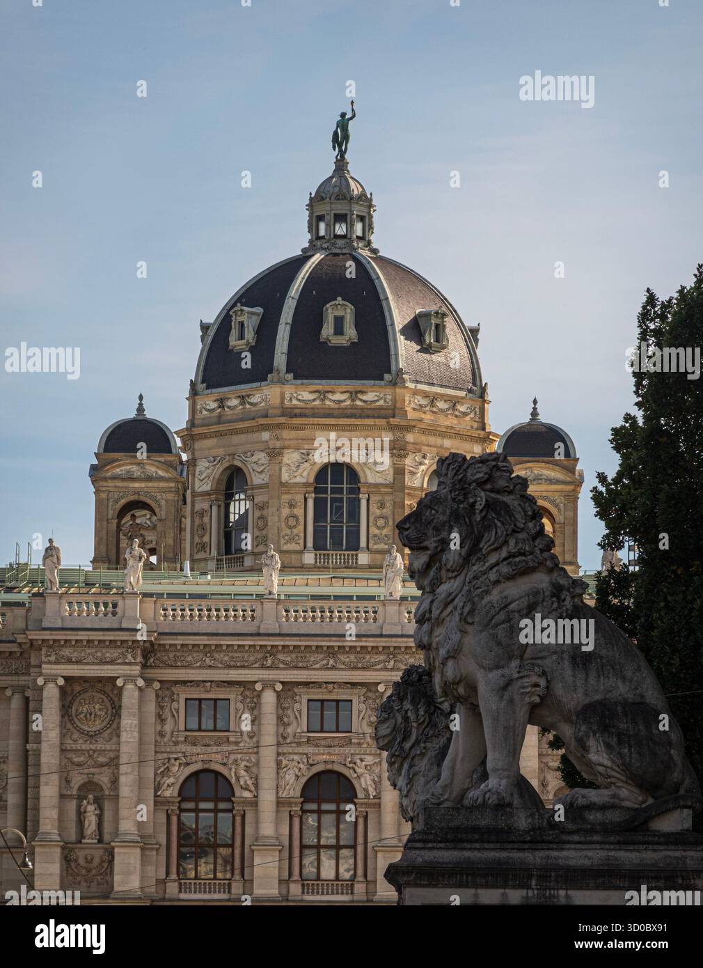 Vue du Naturhistorisches Museum Wien (Musée d'histoire naturelle de Vienne) vu de derrière deux statues de lion contre un ciel dégagé Banque D'Images