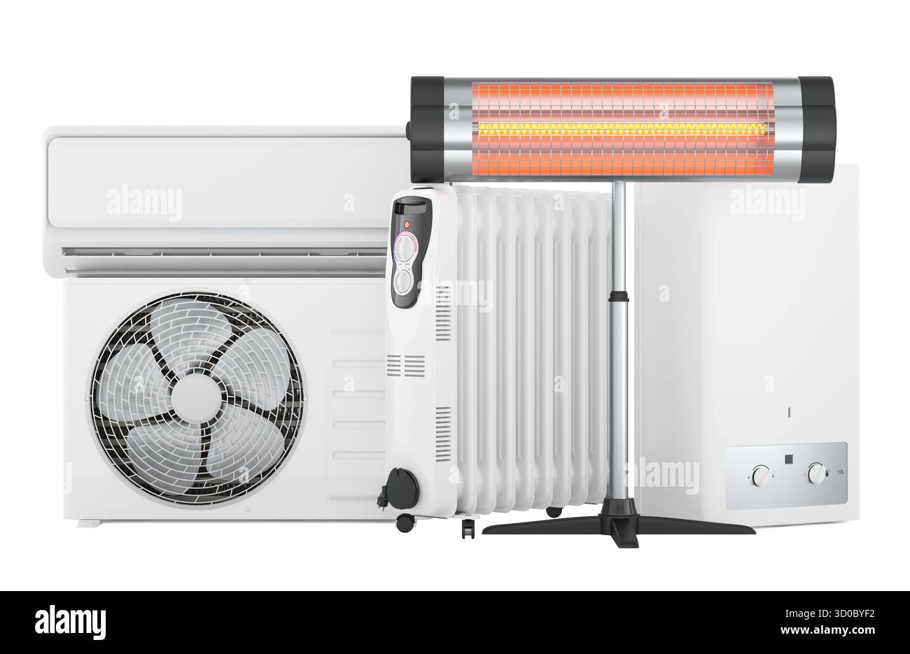 Appareils de chauffage domestique. Climatiseur, radiateur d'huile, réchauffeur infrarouge et chaudière à gaz murale, rendu 3D isolé sur fond blanc Banque D'Images