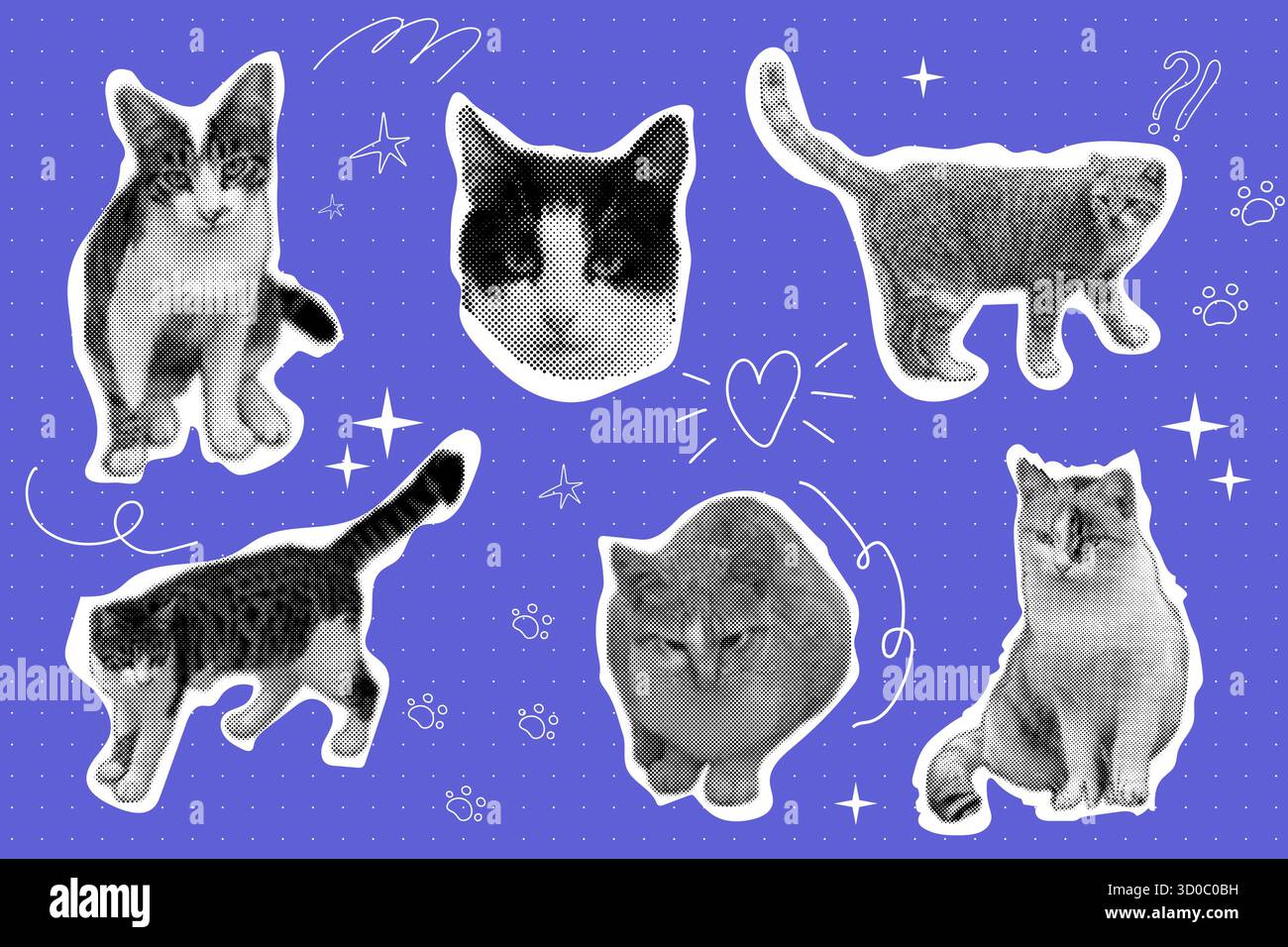 Ensemble d'autocollants de collage demi-teinte pour chat, animal tendance rétro y2k, animal émoticône funky, fond esthétique pop. Tête de mème avec bulle de parole. Drôle de chatte. Illustration vectorielle Illustration de Vecteur
