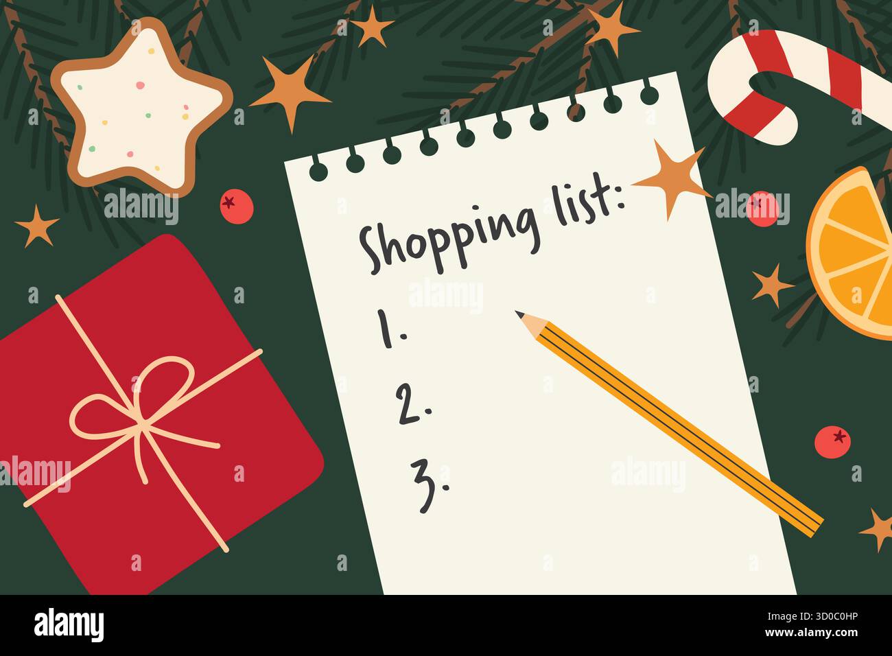 feuille de papier avec liste de courses de noël ; planification de vacances, organisation de cadeaux, illustration de concept-vecteur de guide de cadeau Illustration de Vecteur