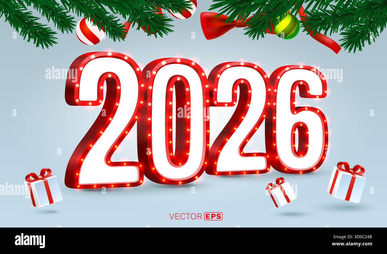 Bonne année 2026 fond festif avec des numéros de lumière de marquise et des décorations de vacances. Illustration vectorielle Illustration de Vecteur