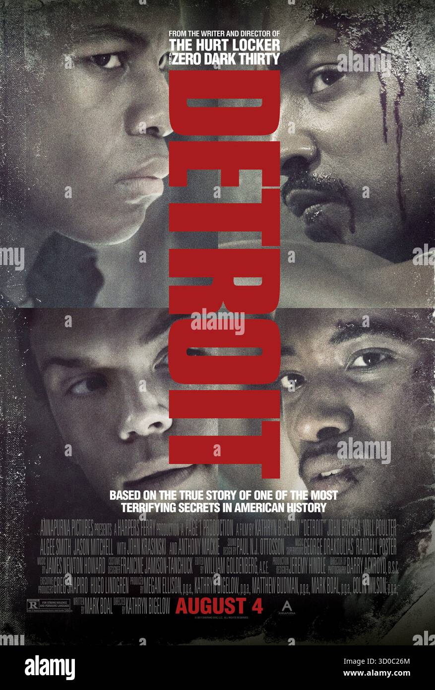 Detroit (2017) réalisé par Kathryn Bigelow avec John Boyega, Algee Smith et Will Poulter. Lors des émeutes de Détroit de 1967, un raid policier meurtrier au motel d'Alger terrifie et détruit une communauté déjà déchirée par les tensions raciales. Affiche AMÉRICAINE À une feuille POUR USAGE ÉDITORIAL UNIQUEMENT. Crédit : BFA / Annapurna Pictures Banque D'Images