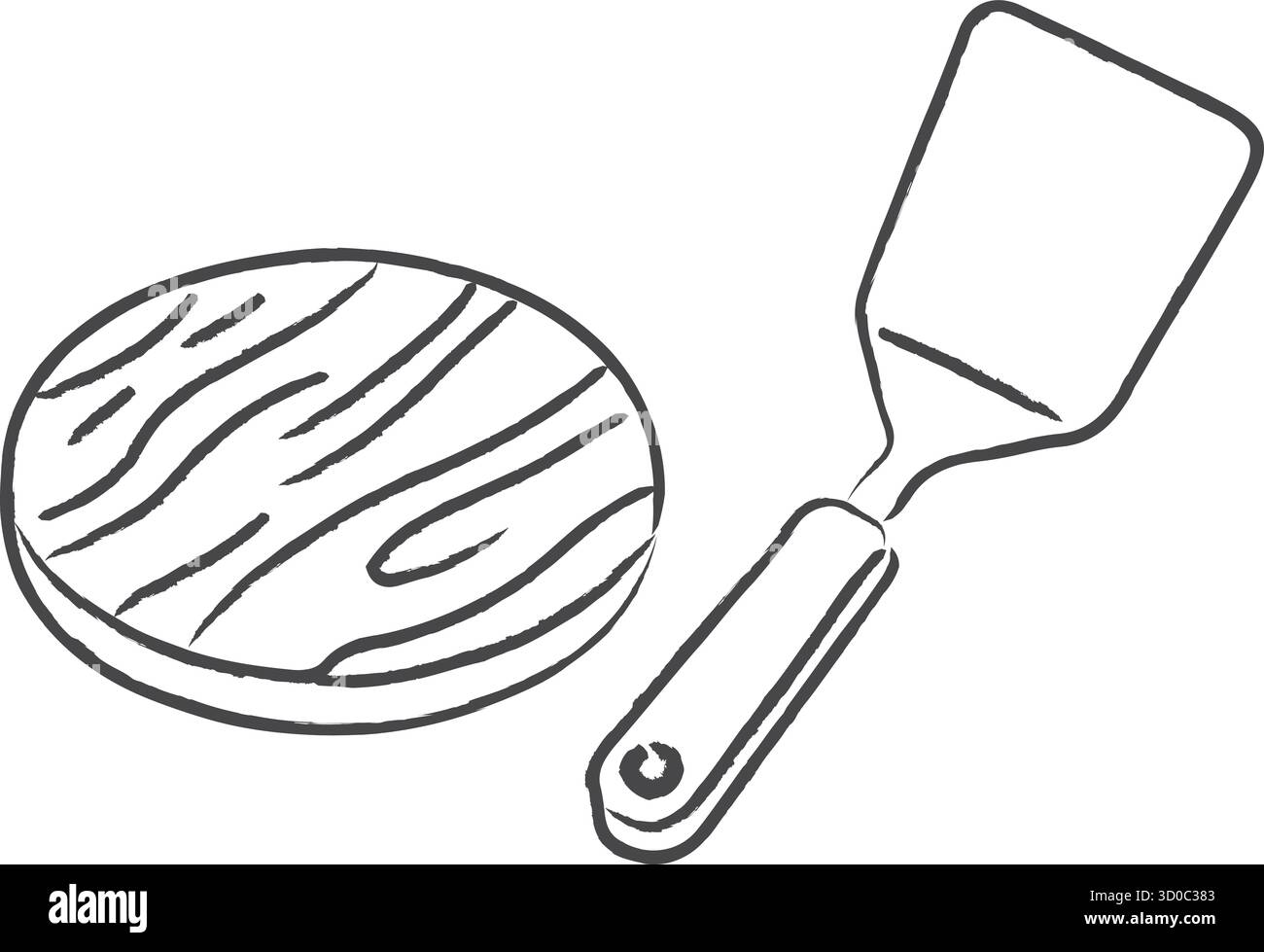 Un palme métallique robuste repose à côté d'un disque rond en bois de presse à patties hamburger pour griller les scènes Illustration de Vecteur