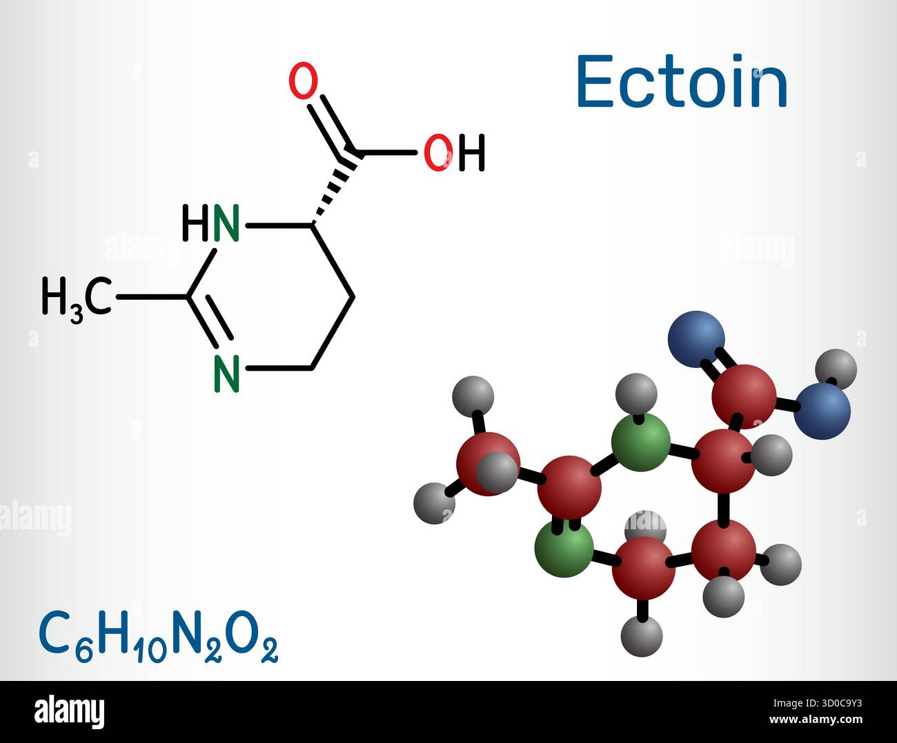 Molécule d'ectoïne. Osmoprotecteur d'extémolyte pour l'hydratation des soins de la peau, la barrière et la protection UV, spray nasal et oculaire apaisant dans le soin des allergies. Vecteur il Illustration de Vecteur