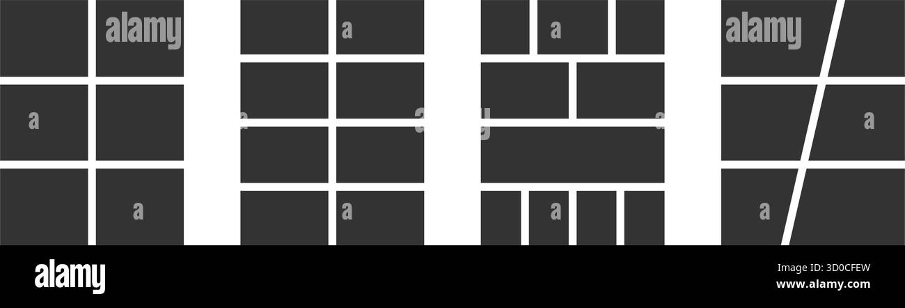 Collection de modèles de bande dessinée anime. Dispositions des panneaux de page isolées sur fond blanc. Grilles vides pour manga storyboard, magazine, affiche ou moodboard. Illustration graphique vectorielle. Illustration de Vecteur