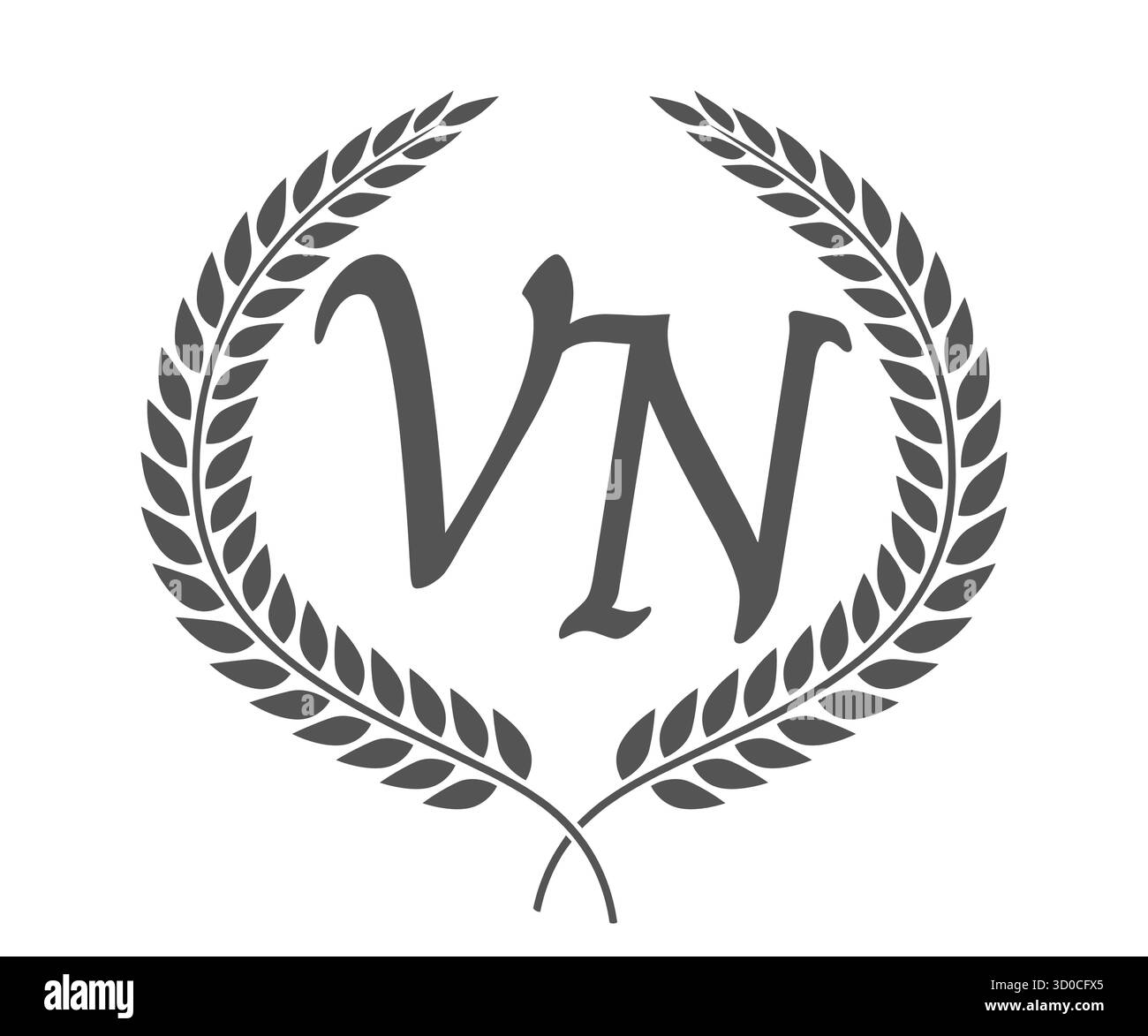 Lettre initiale V et N, logo monogramme VN avec couronne de laurier. Emblème de luxe avec police calligraphie. Illustration de Vecteur