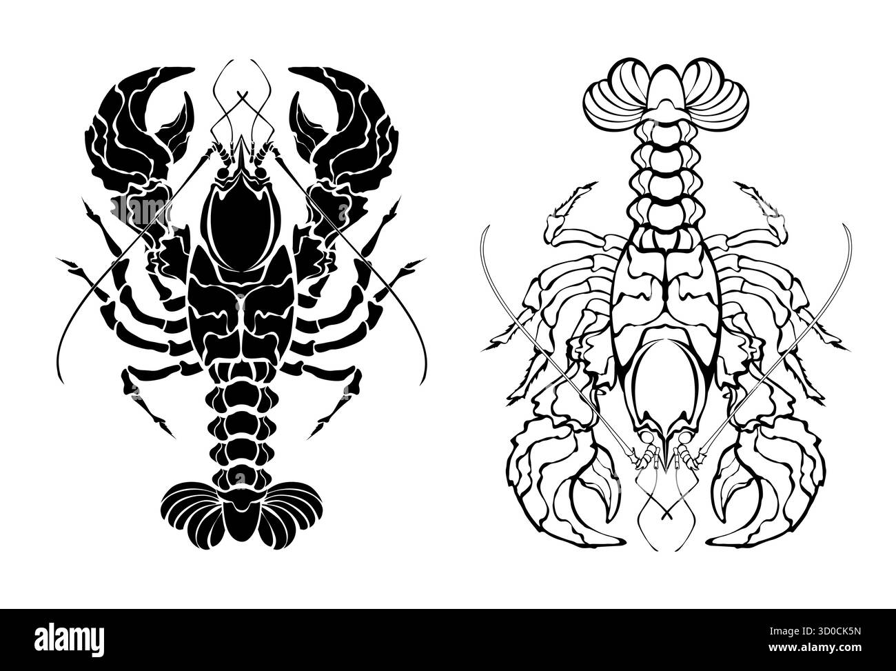 Artistiquement dessiné, isolé, silhouette et contour, homards conceptuels sur fond blanc. Vecteur de vie marine. Illustration de Vecteur