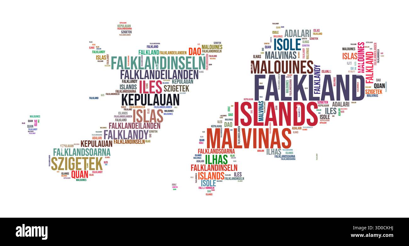 Nuage de mots en forme de pays des Malouines. Illustration de pays de style typographique. Image Malouines dans le style nuage de texte. Illustration vectorielle. Illustration de Vecteur