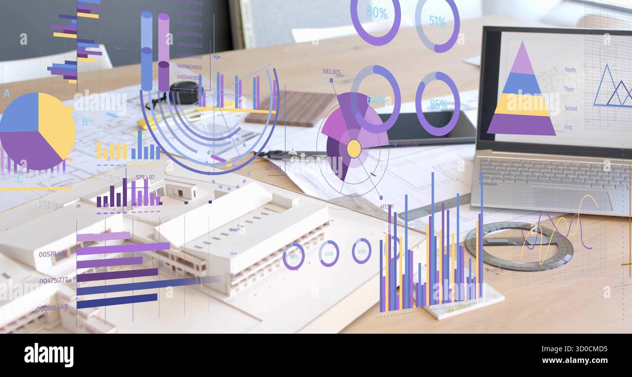 Mettant en vedette le modèle à l'échelle blanche assis sur le bureau de studio avec des plans et des graphiques flottants, espace de copie Banque D'Images