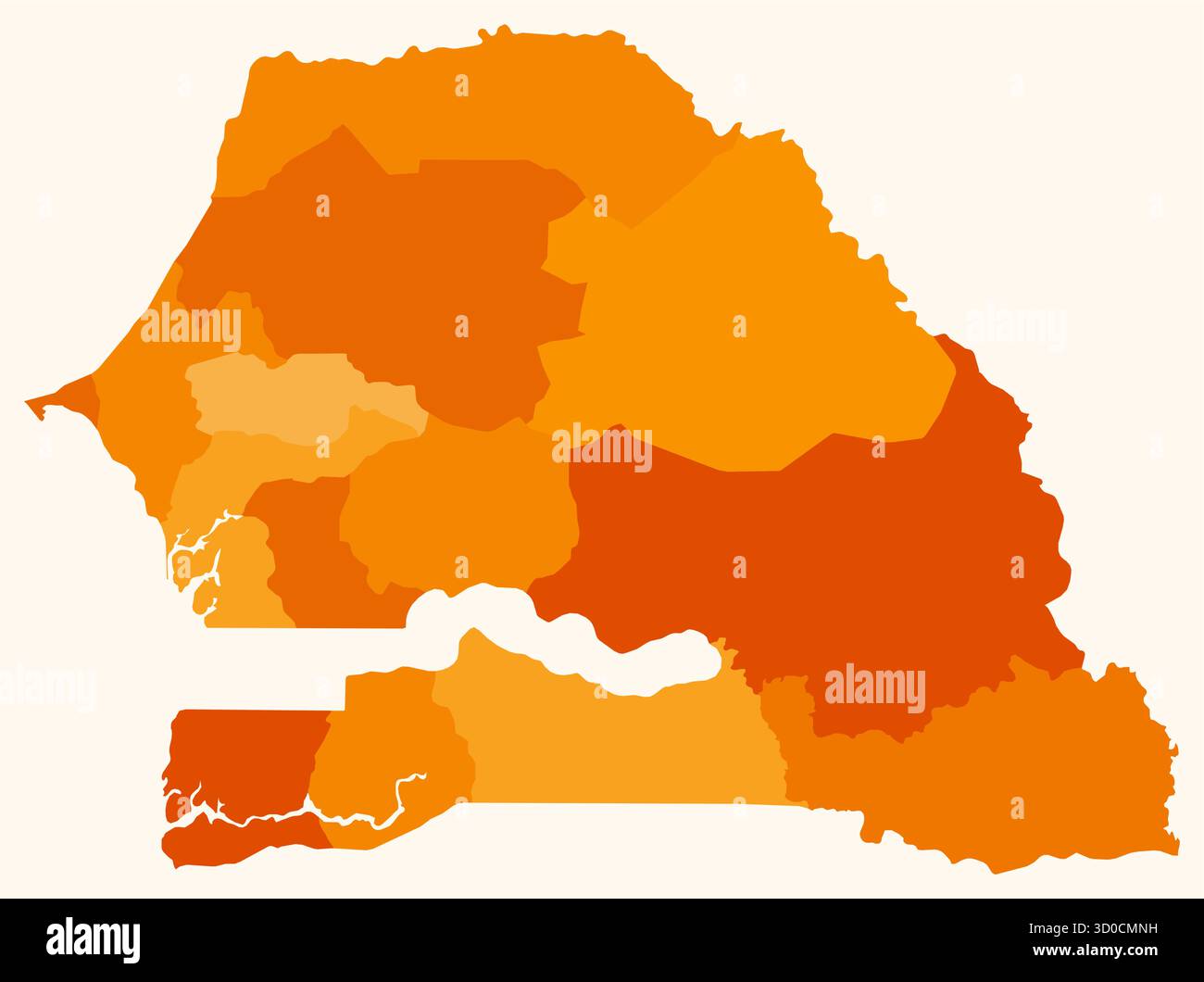 Carte du Sénégal avec les régions. Une simple carte des frontières du pays avec les divisions régionales. Palette de couleurs orange. Illustration de Vecteur